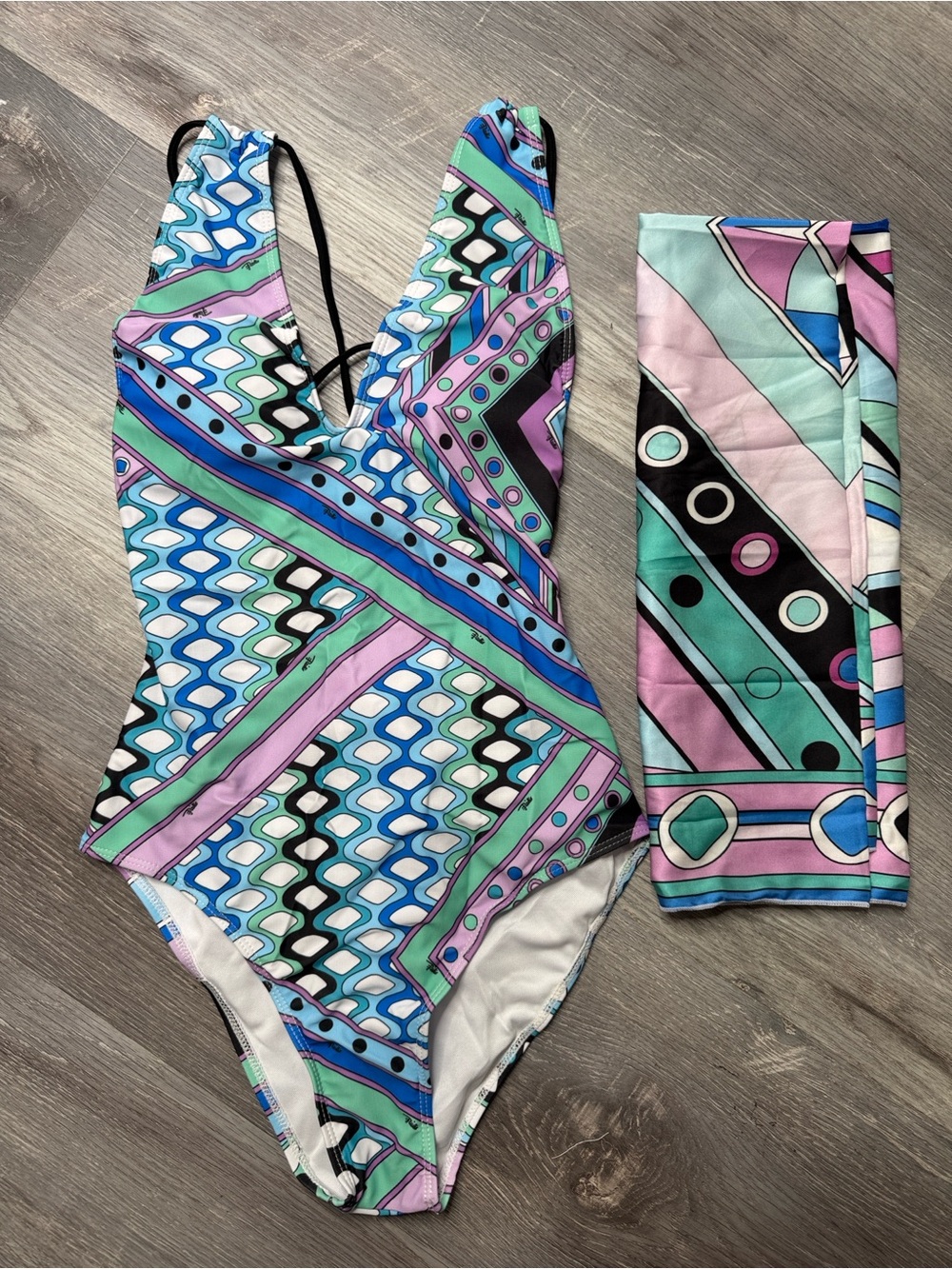 Emilio Pucci Retro Geometric One-Piece Swimsuit w scarf